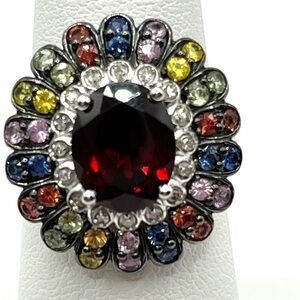 Sterling Silver Cocktail Ring Faceted Red Quartz and Multi Gemstone Ring Size 6